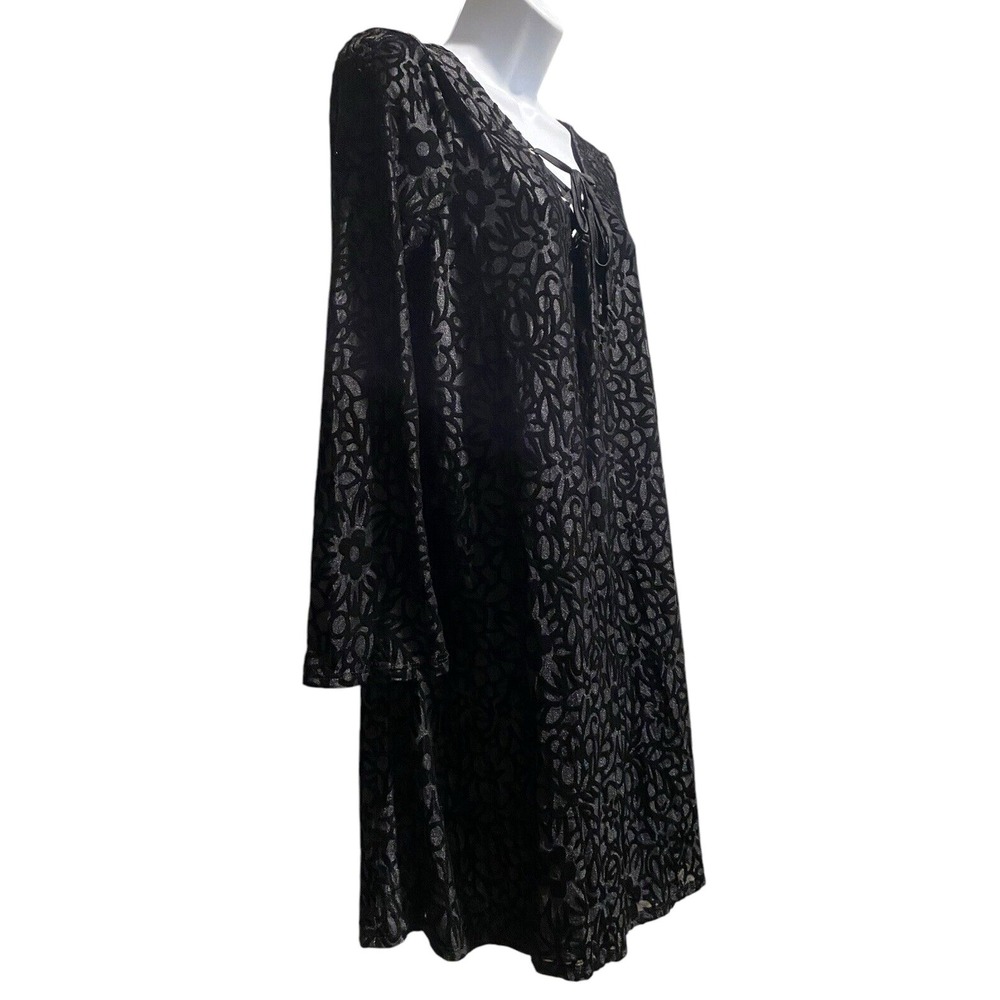 Espresso Women's Dress L Velvet Black Bell Sleeve Burnout Witchy Lace Up Neck